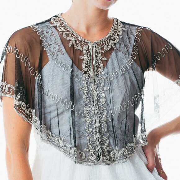 Beaded special occasion shrug  Black silver shiny evening capelet /Sequin Poncho - Picture 1 of 5